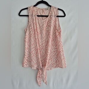 LOFT Leaf Print Pink and Cream Tie-Front Blouse